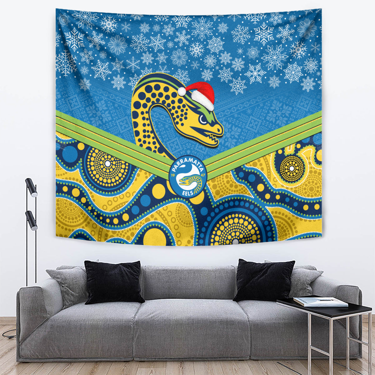 Parramatta Eels Rugby Christmas Tapestry Merry Xmas 2023 Mix Aboriginal Art - Vibe Hoodie Shop