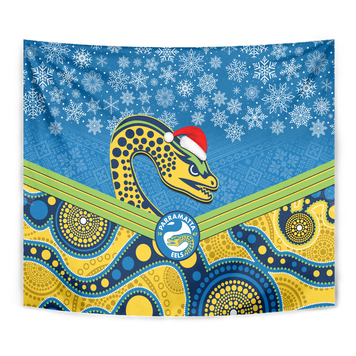 Parramatta Eels Rugby Christmas Tapestry Merry Xmas 2023 Mix Aboriginal Art - Vibe Hoodie Shop