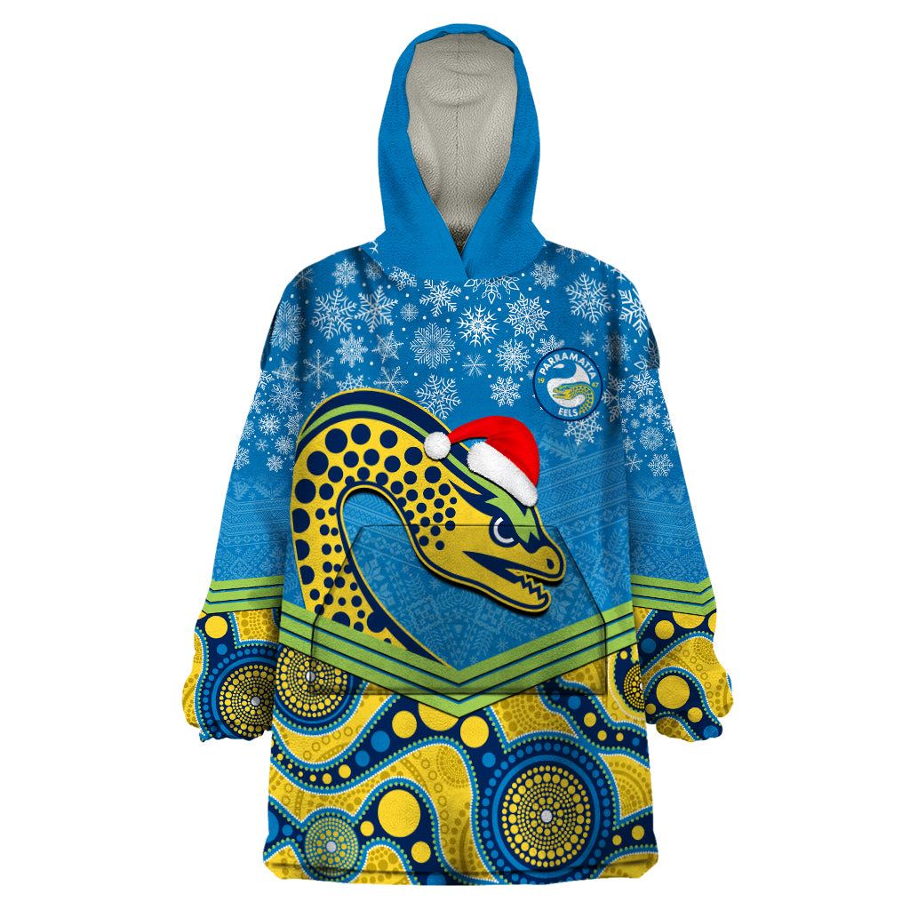 Custom Parramatta Eels Rugby Christmas Wearable Blanket Hoodie Merry Xmas 2023 Mix Aboriginal Art - Vibe Hoodie Shop