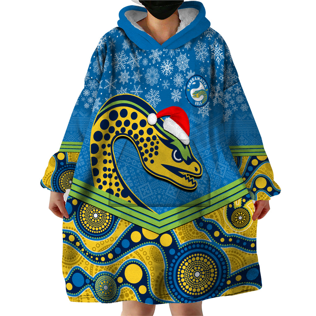 Custom Parramatta Eels Rugby Christmas Wearable Blanket Hoodie Merry Xmas 2023 Mix Aboriginal Art - Vibe Hoodie Shop