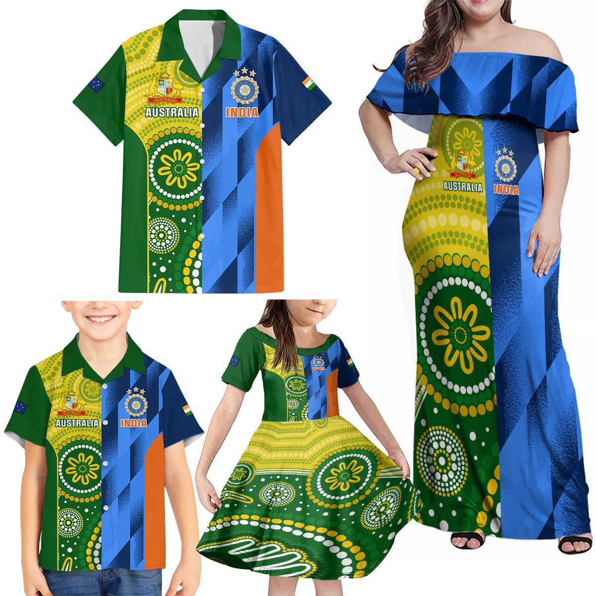 australia-and-india-cricket-family-matching-off-shoulder-maxi-dress-and-hawaiian-shirt-2023-world-cup-final-together