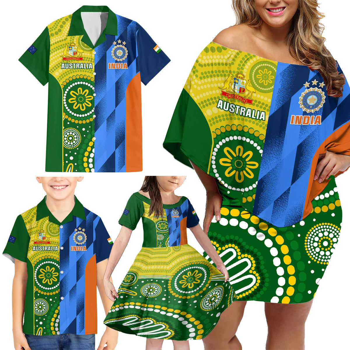 australia-and-india-cricket-family-matching-off-shoulder-short-dress-and-hawaiian-shirt-2023-world-cup-final-together