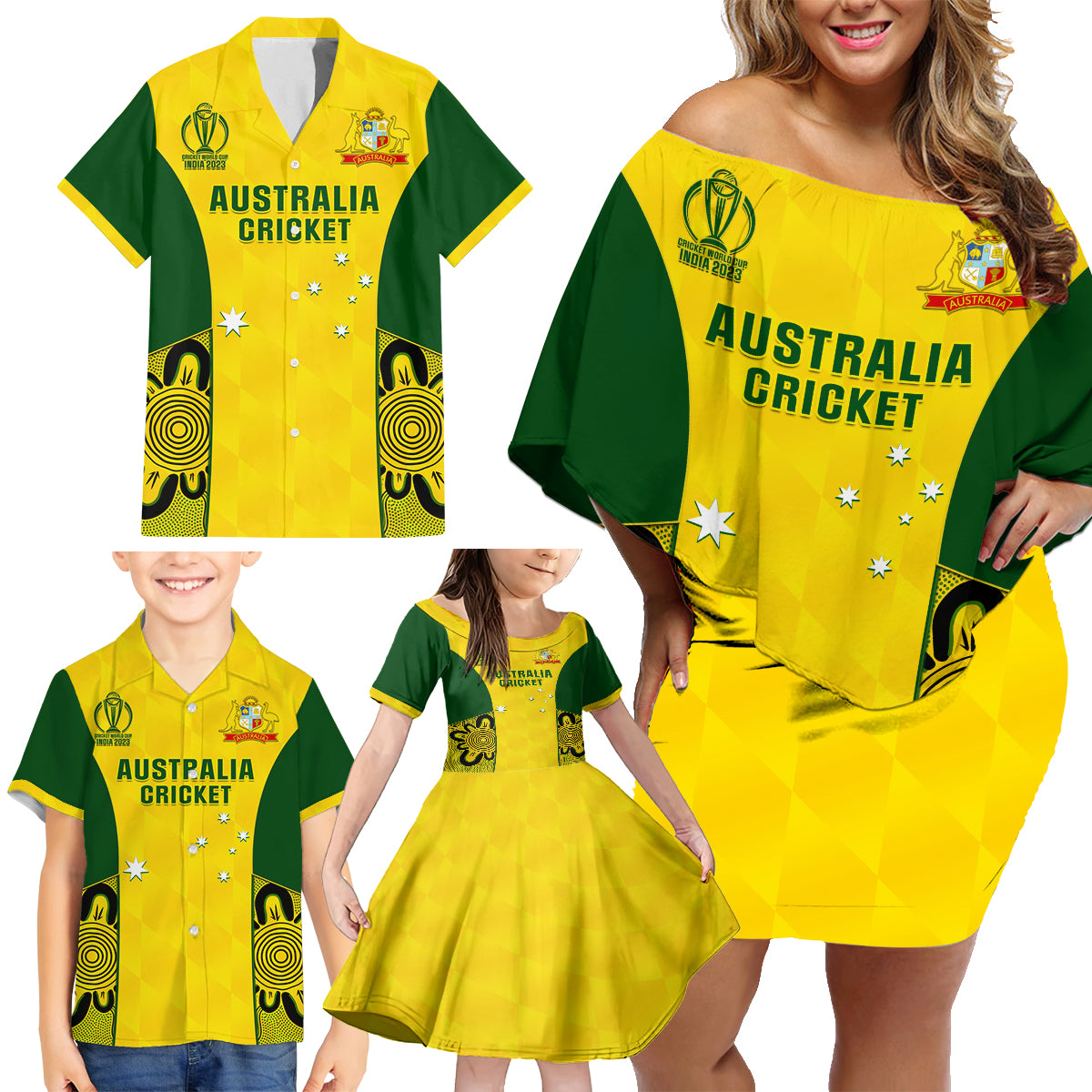 australia-cricket-family-matching-off-shoulder-short-dress-and-hawaiian-shirt-world-cup-go-champions-2023-indigenous