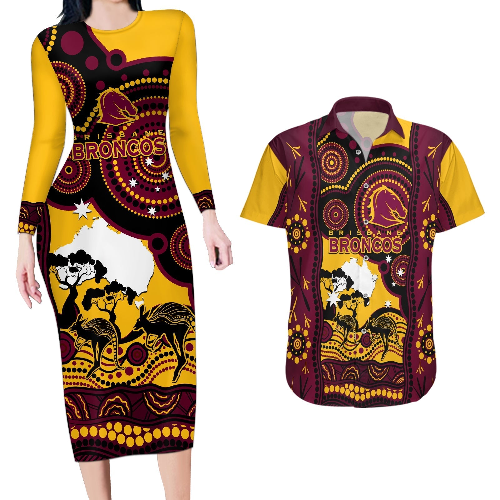 Custom Australia Day Brisbane Broncos Couples Matching Long Sleeve Bodycon Dress and Hawaiian Shirt NRL 2024 Australian Map Proud