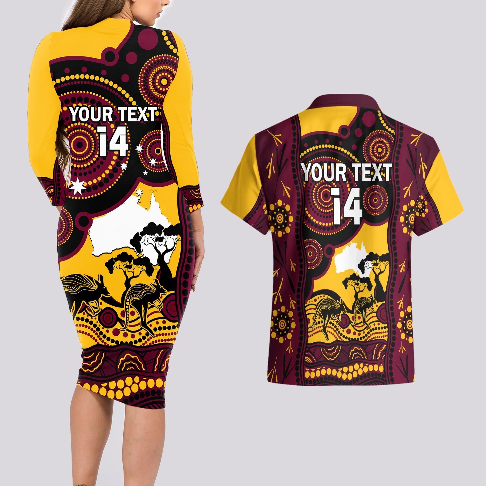 Custom Australia Day Brisbane Broncos Couples Matching Long Sleeve Bodycon Dress and Hawaiian Shirt NRL 2024 Australian Map Proud