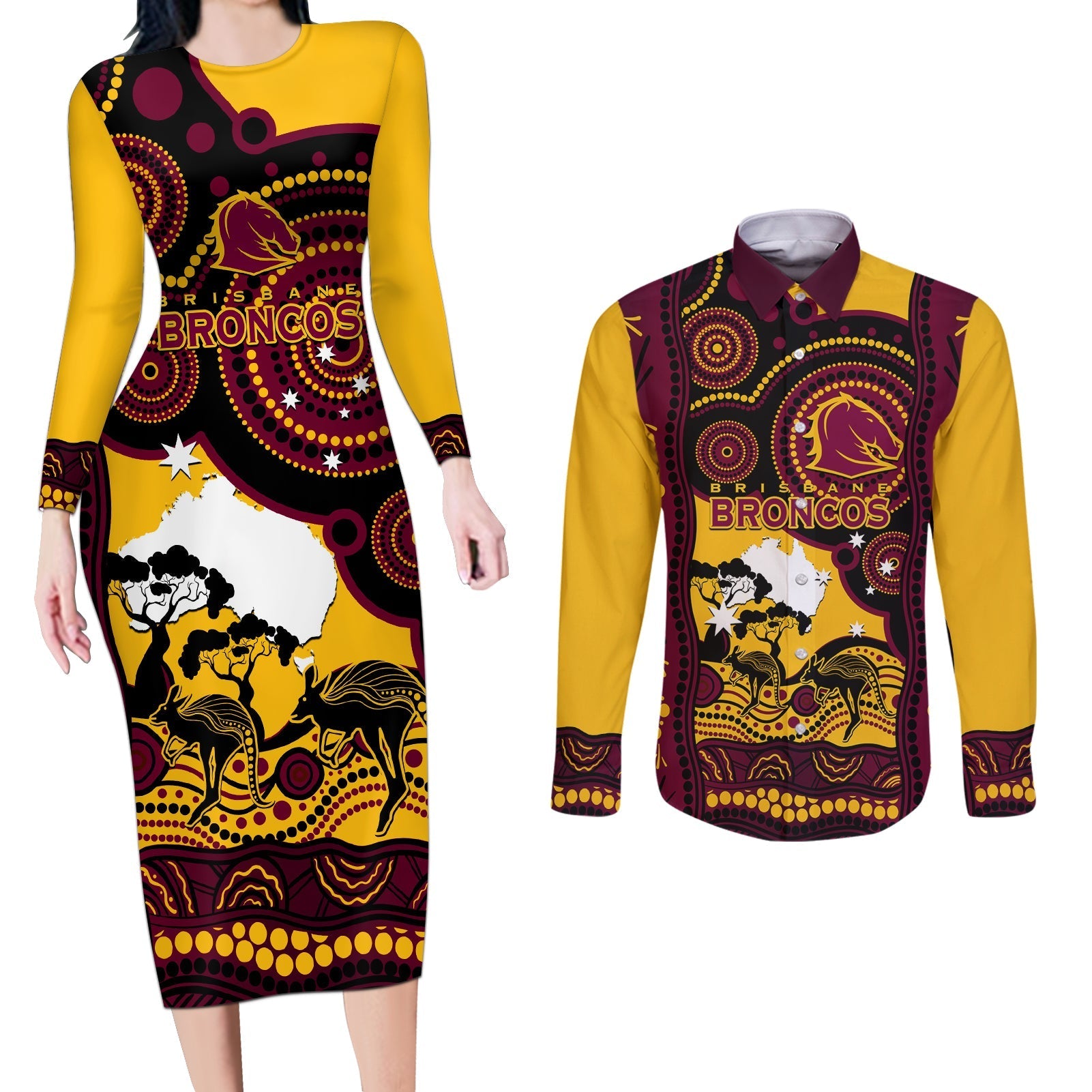 Custom Australia Day Brisbane Broncos Couples Matching Long Sleeve Bodycon Dress and Long Sleeve Button Shirt NRL 2024 Australian Map Proud