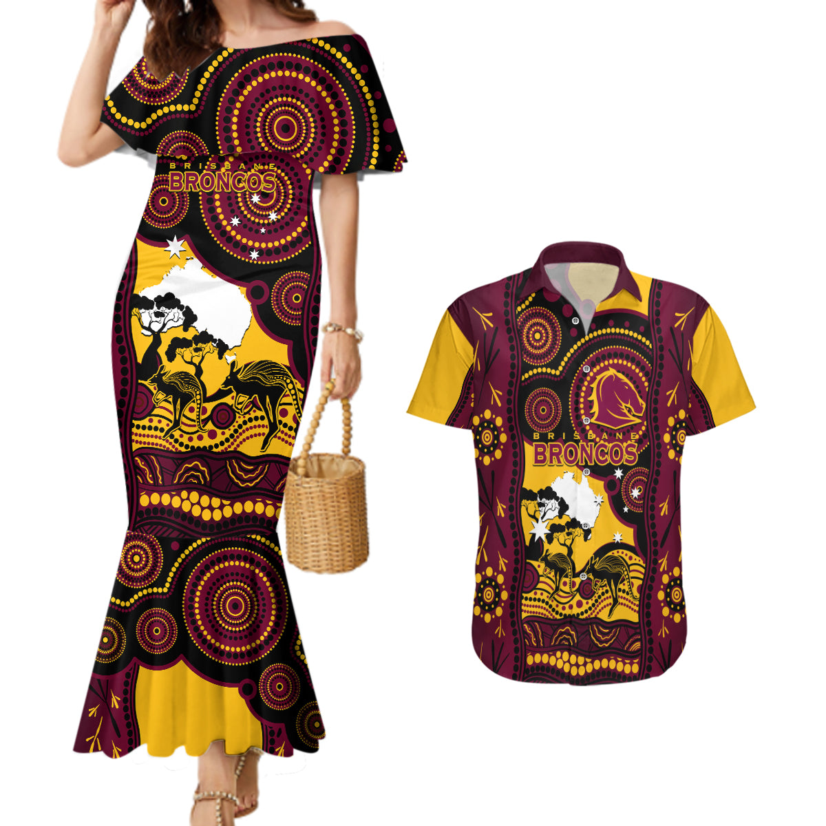 Custom Australia Day Brisbane Broncos Couples Matching Mermaid Dress and Hawaiian Shirt NRL 2024 Australian Map Proud
