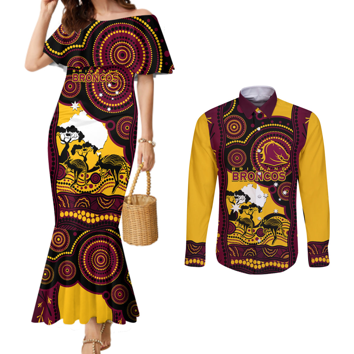 Custom Australia Day Brisbane Broncos Couples Matching Mermaid Dress and Long Sleeve Button Shirt NRL 2024 Australian Map Proud