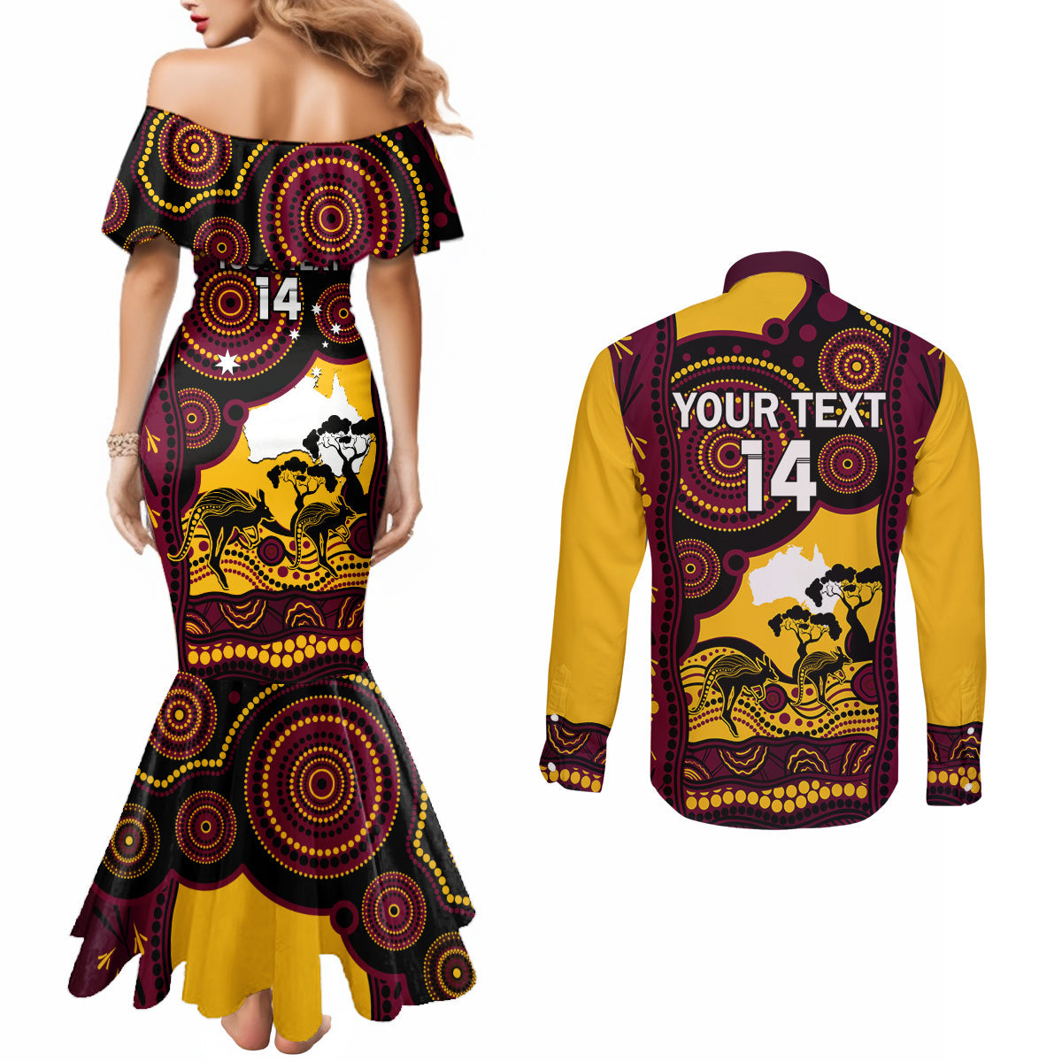 Custom Australia Day Brisbane Broncos Couples Matching Mermaid Dress and Long Sleeve Button Shirt NRL 2024 Australian Map Proud