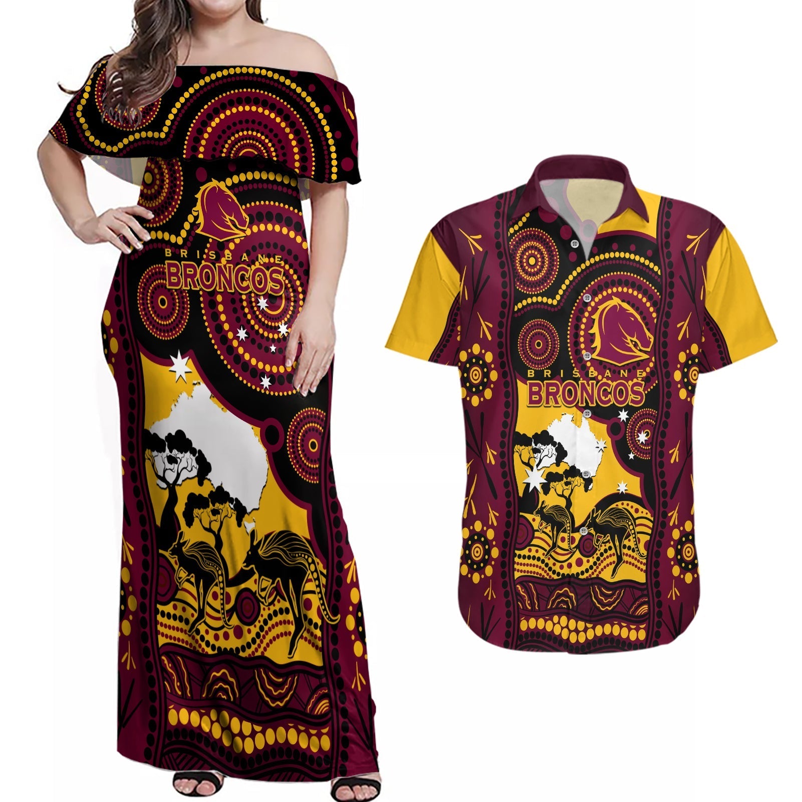 Custom Australia Day Brisbane Broncos Couples Matching Off Shoulder Maxi Dress and Hawaiian Shirt NRL 2024 Australian Map Proud