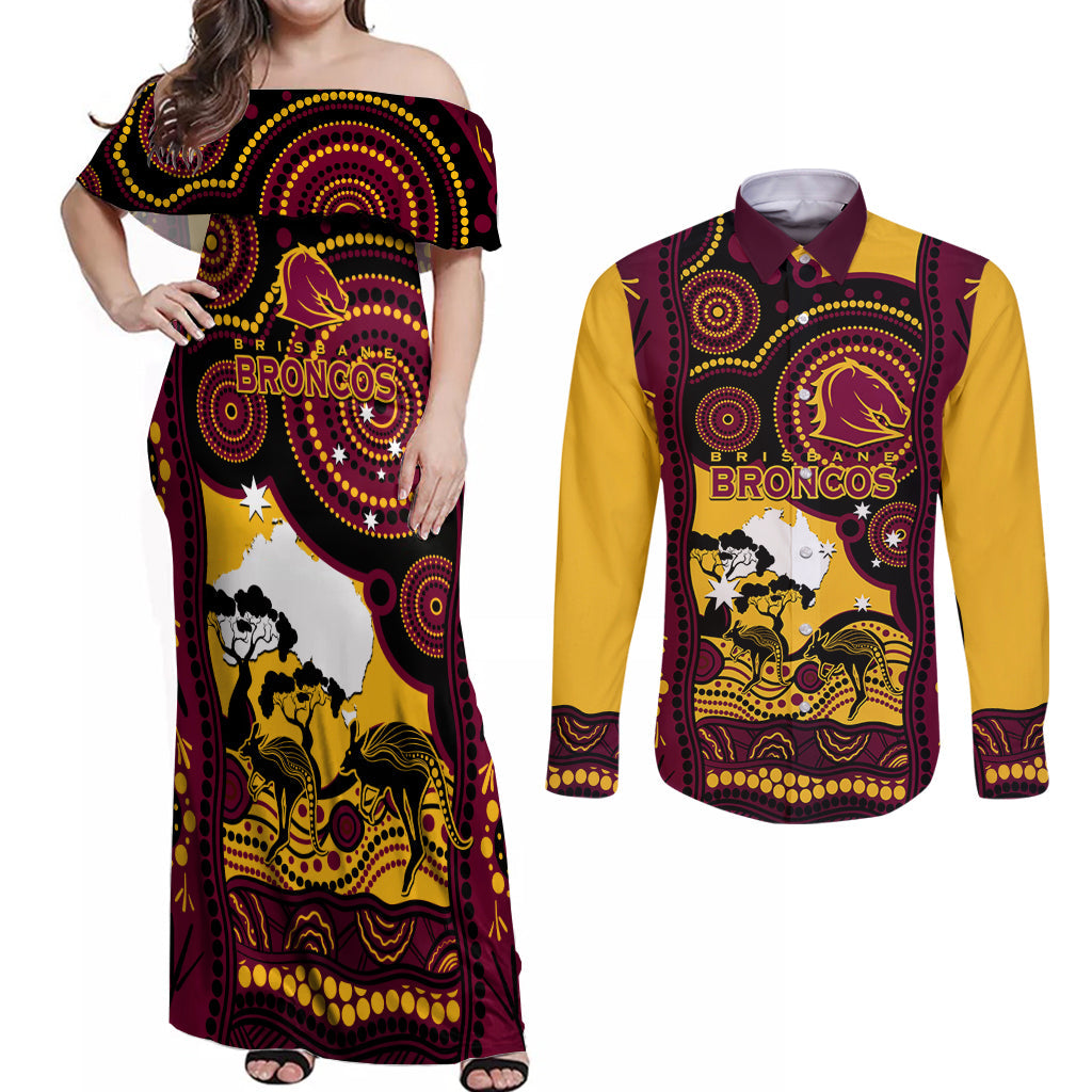 Custom Australia Day Brisbane Broncos Couples Matching Off Shoulder Maxi Dress and Long Sleeve Button Shirt NRL 2024 Australian Map Proud