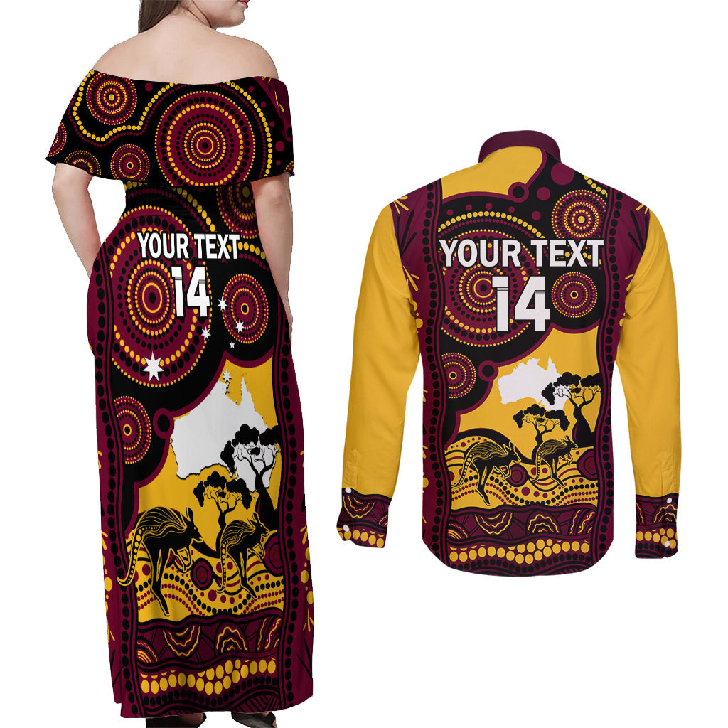 Custom Australia Day Brisbane Broncos Couples Matching Off Shoulder Maxi Dress and Long Sleeve Button Shirt NRL 2024 Australian Map Proud