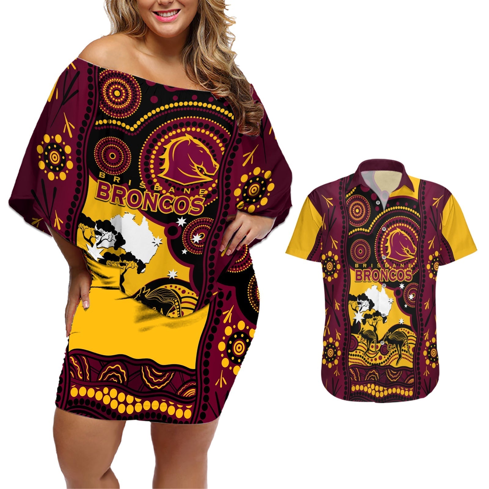 Custom Australia Day Brisbane Broncos Couples Matching Off Shoulder Short Dress and Hawaiian Shirt NRL 2024 Australian Map Proud