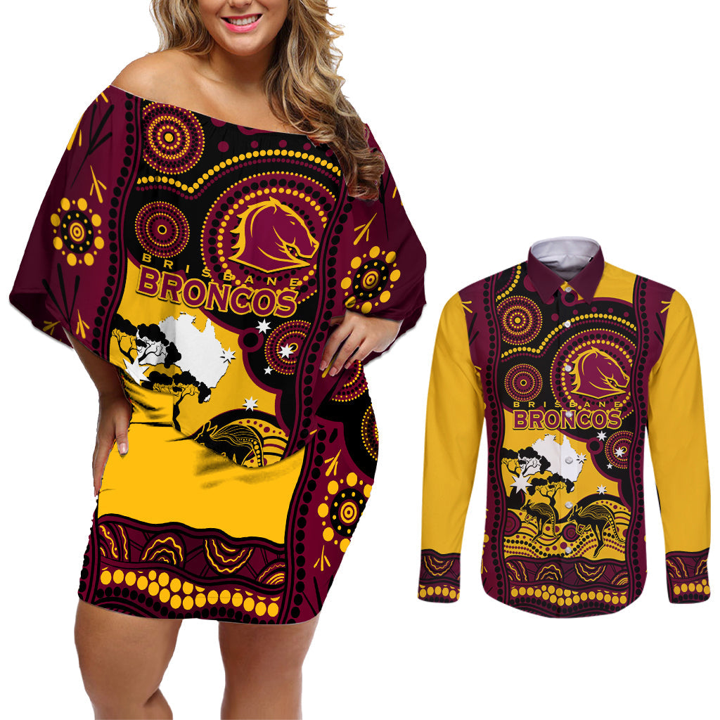Custom Australia Day Brisbane Broncos Couples Matching Off Shoulder Short Dress and Long Sleeve Button Shirt NRL 2024 Australian Map Proud