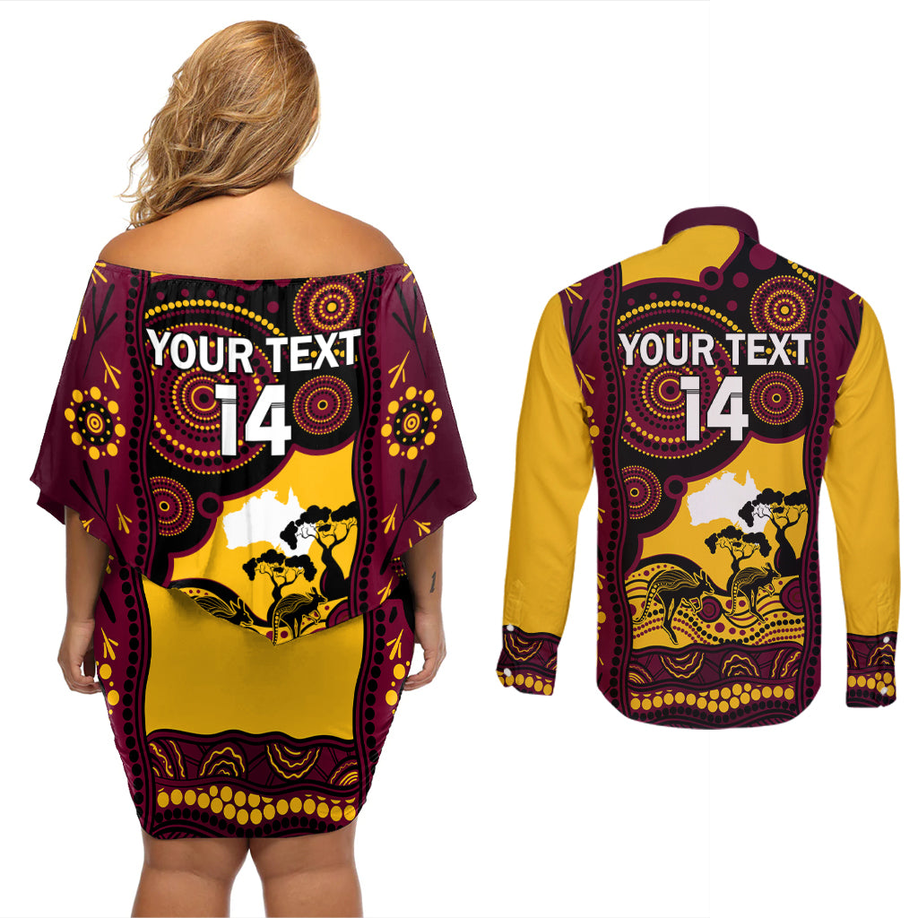 Custom Australia Day Brisbane Broncos Couples Matching Off Shoulder Short Dress and Long Sleeve Button Shirt NRL 2024 Australian Map Proud