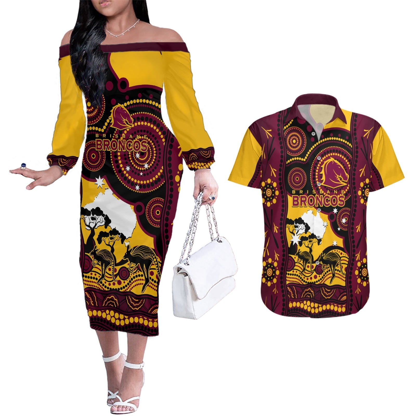 Custom Australia Day Brisbane Broncos Couples Matching Off The Shoulder Long Sleeve Dress and Hawaiian Shirt NRL 2024 Australian Map Proud