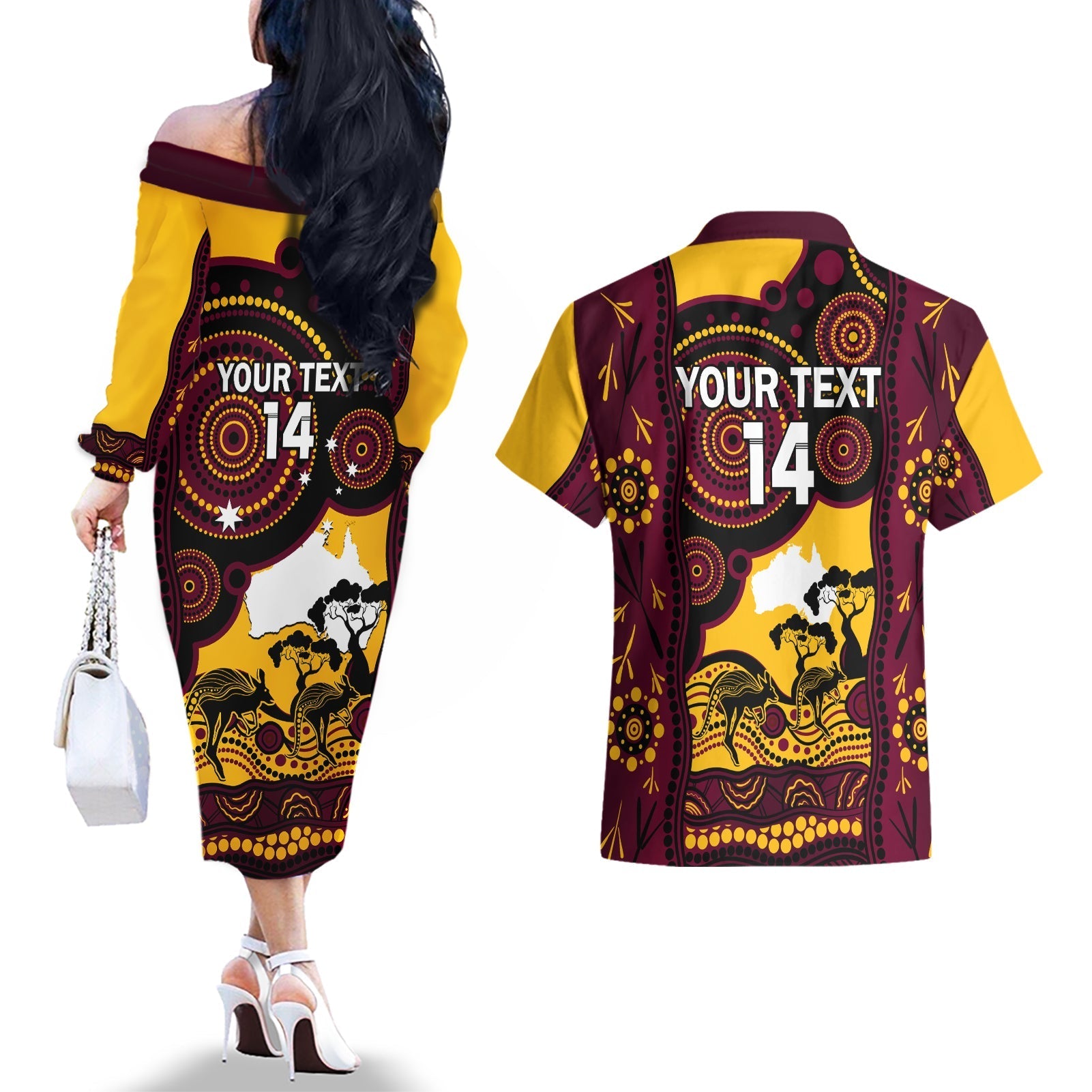 Custom Australia Day Brisbane Broncos Couples Matching Off The Shoulder Long Sleeve Dress and Hawaiian Shirt NRL 2024 Australian Map Proud