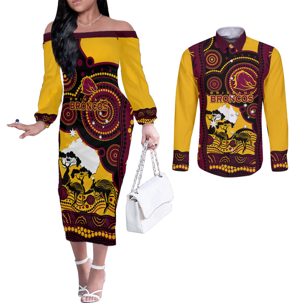 Custom Australia Day Brisbane Broncos Couples Matching Off The Shoulder Long Sleeve Dress and Long Sleeve Button Shirt NRL 2024 Australian Map Proud