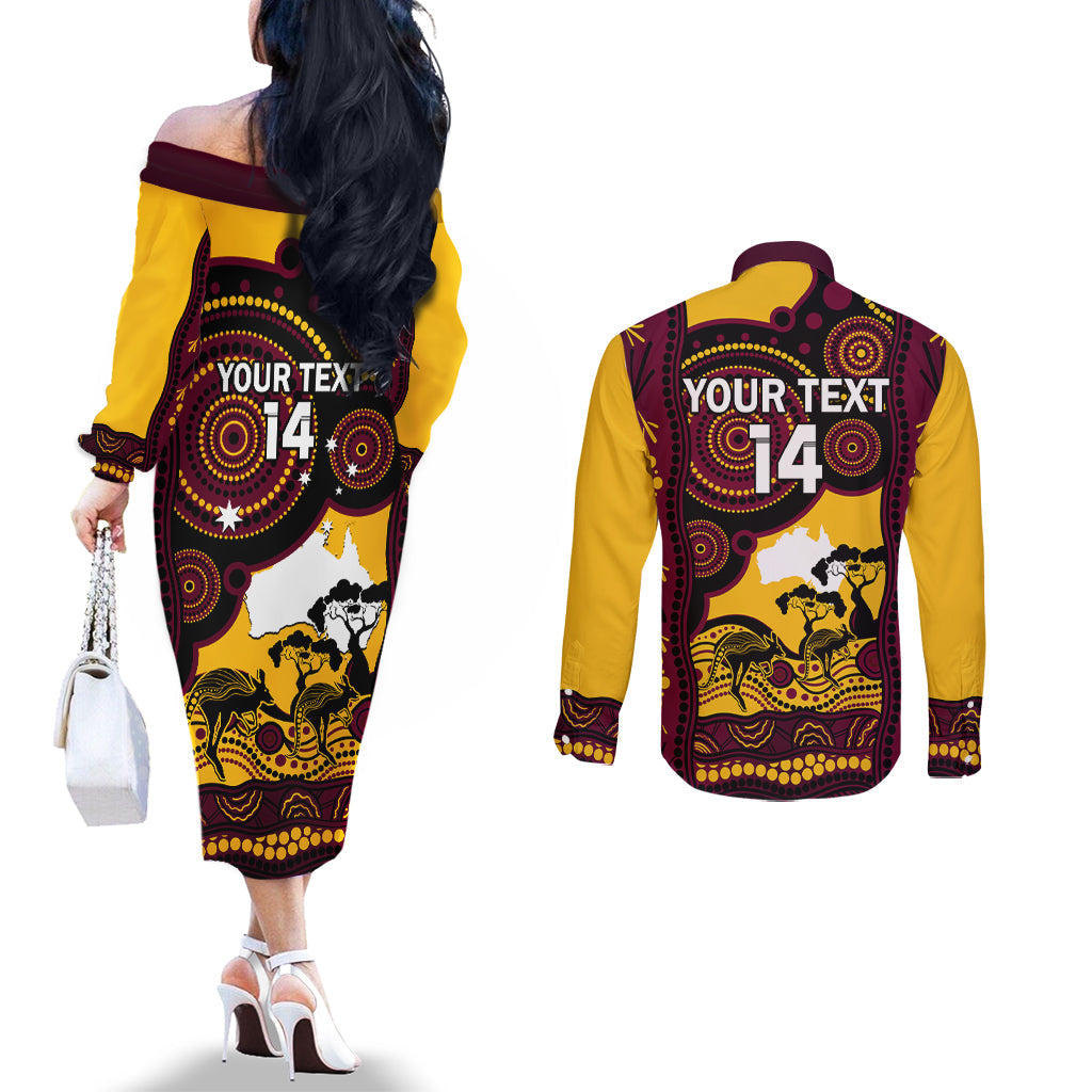 Custom Australia Day Brisbane Broncos Couples Matching Off The Shoulder Long Sleeve Dress and Long Sleeve Button Shirt NRL 2024 Australian Map Proud