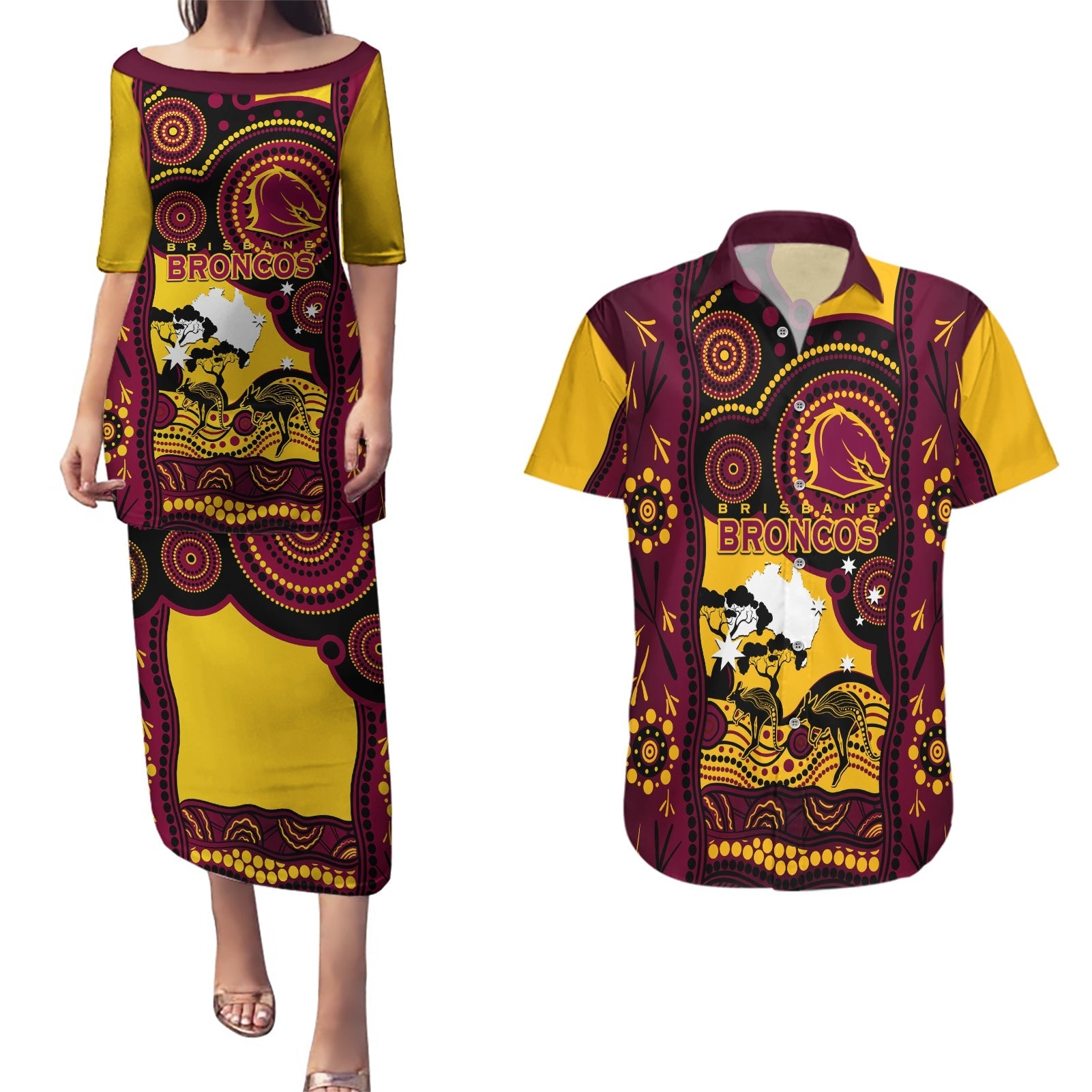 Custom Australia Day Brisbane Broncos Couples Matching Puletasi and Hawaiian Shirt NRL 2024 Australian Map Proud
