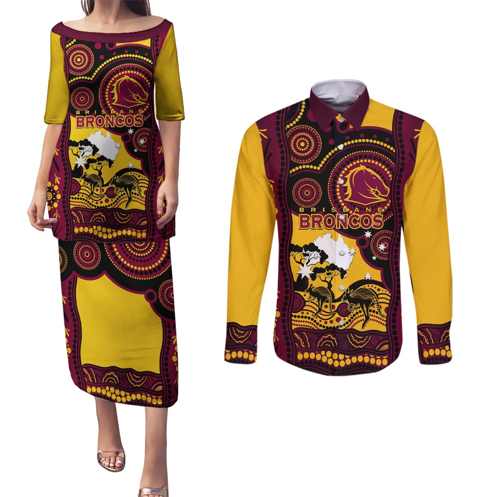 Custom Australia Day Brisbane Broncos Couples Matching Puletasi and Long Sleeve Button Shirt NRL 2024 Australian Map Proud