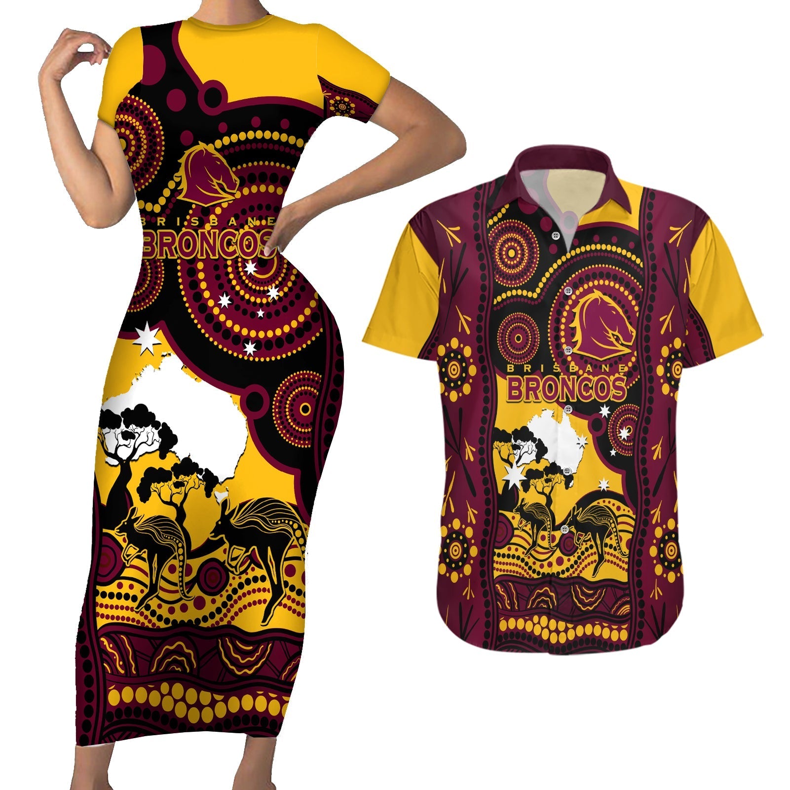 Custom Australia Day Brisbane Broncos Couples Matching Short Sleeve Bodycon Dress and Hawaiian Shirt NRL 2024 Australian Map Proud