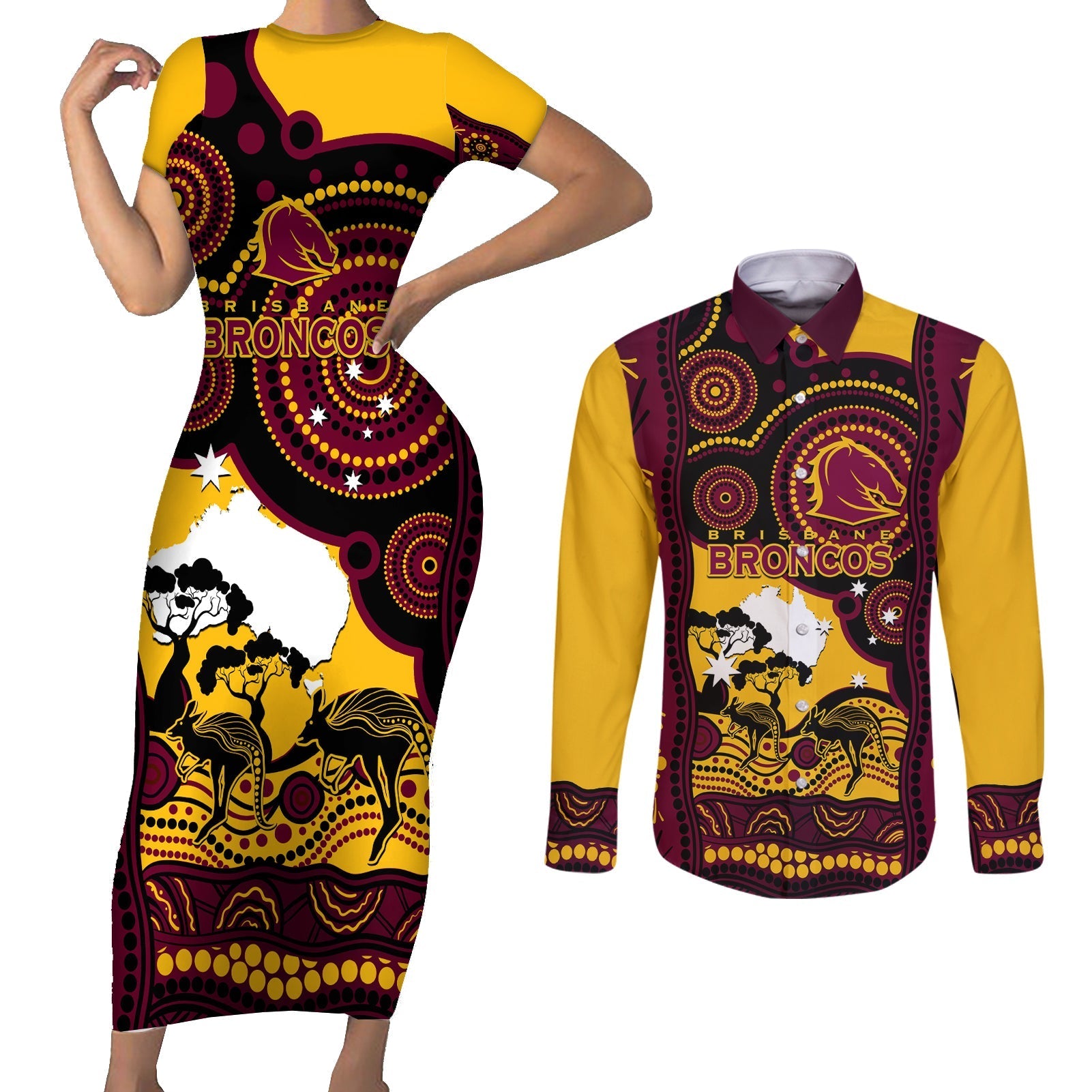 Custom Australia Day Brisbane Broncos Couples Matching Short Sleeve Bodycon Dress and Long Sleeve Button Shirt NRL 2024 Australian Map Proud