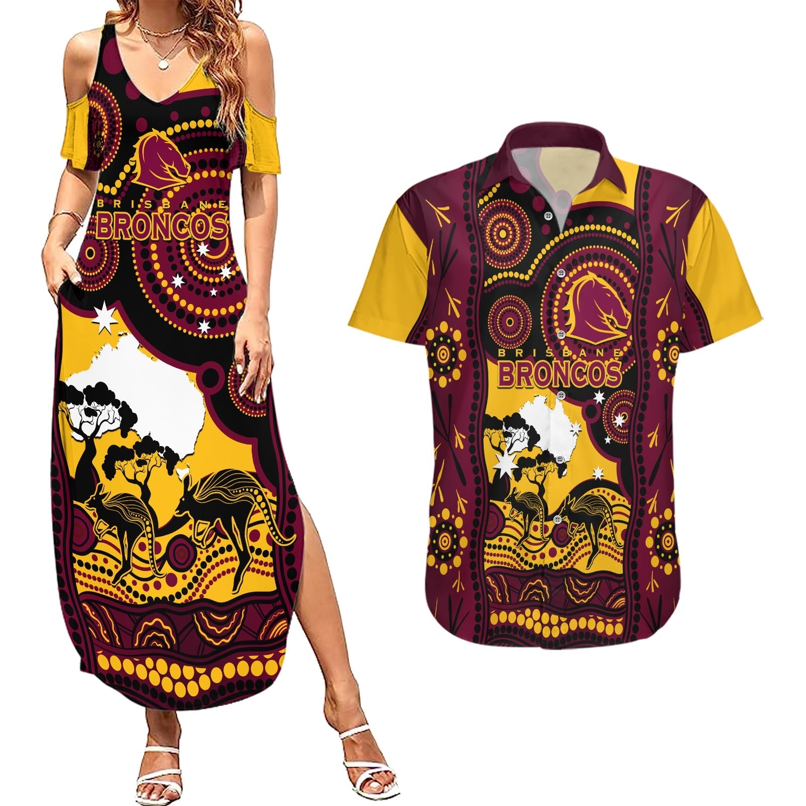 Custom Australia Day Brisbane Broncos Couples Matching Summer Maxi Dress and Hawaiian Shirt NRL 2024 Australian Map Proud