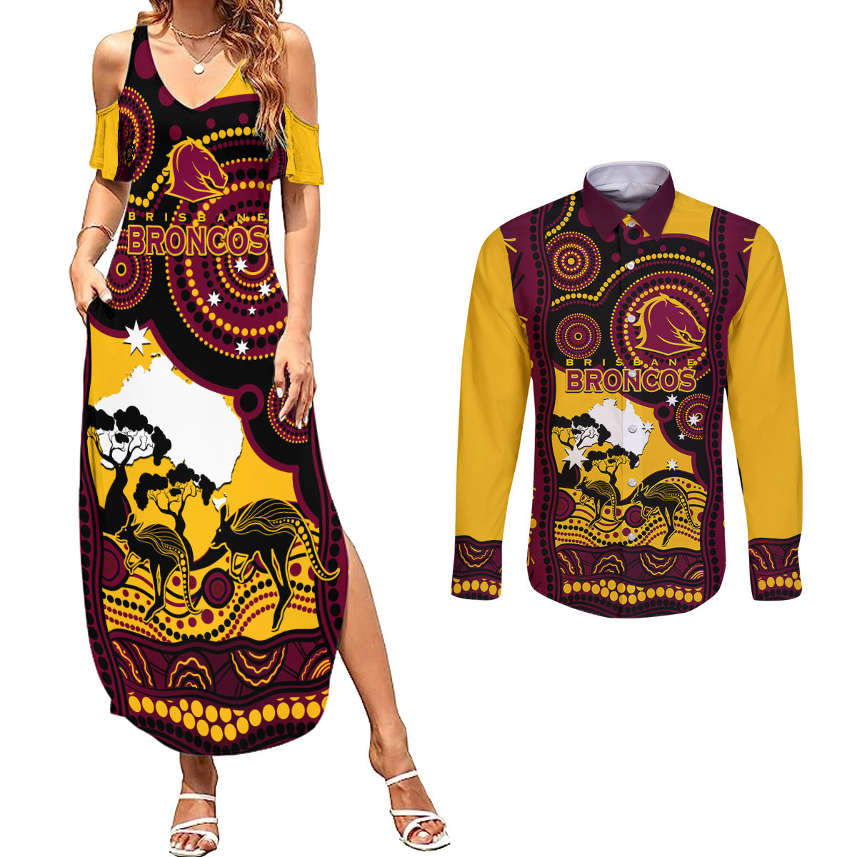 Custom Australia Day Brisbane Broncos Couples Matching Summer Maxi Dress and Long Sleeve Button Shirt NRL 2024 Australian Map Proud