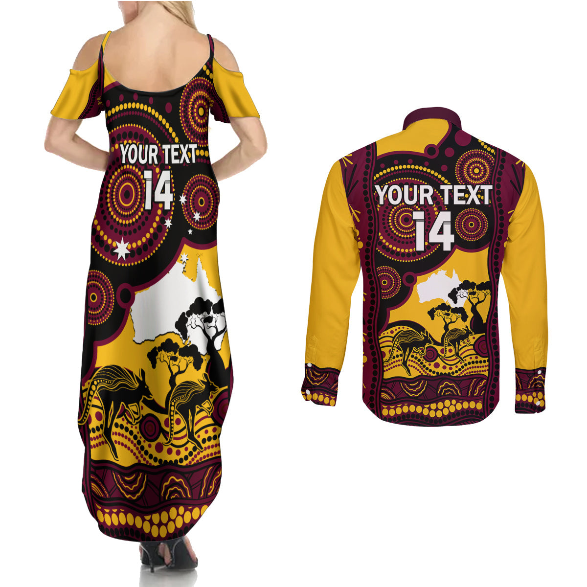 Custom Australia Day Brisbane Broncos Couples Matching Summer Maxi Dress and Long Sleeve Button Shirt NRL 2024 Australian Map Proud