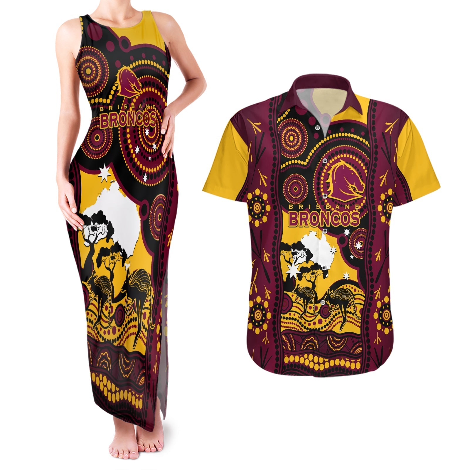 Custom Australia Day Brisbane Broncos Couples Matching Tank Maxi Dress and Hawaiian Shirt NRL 2024 Australian Map Proud