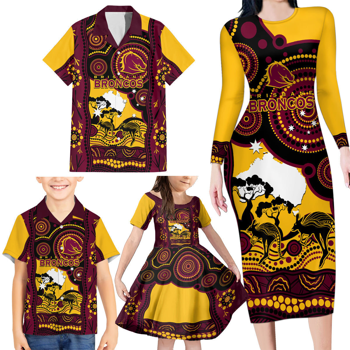 Custom Australia Day Brisbane Broncos Family Matching Long Sleeve Bodycon Dress and Hawaiian Shirt NRL 2024 Australian Map Proud