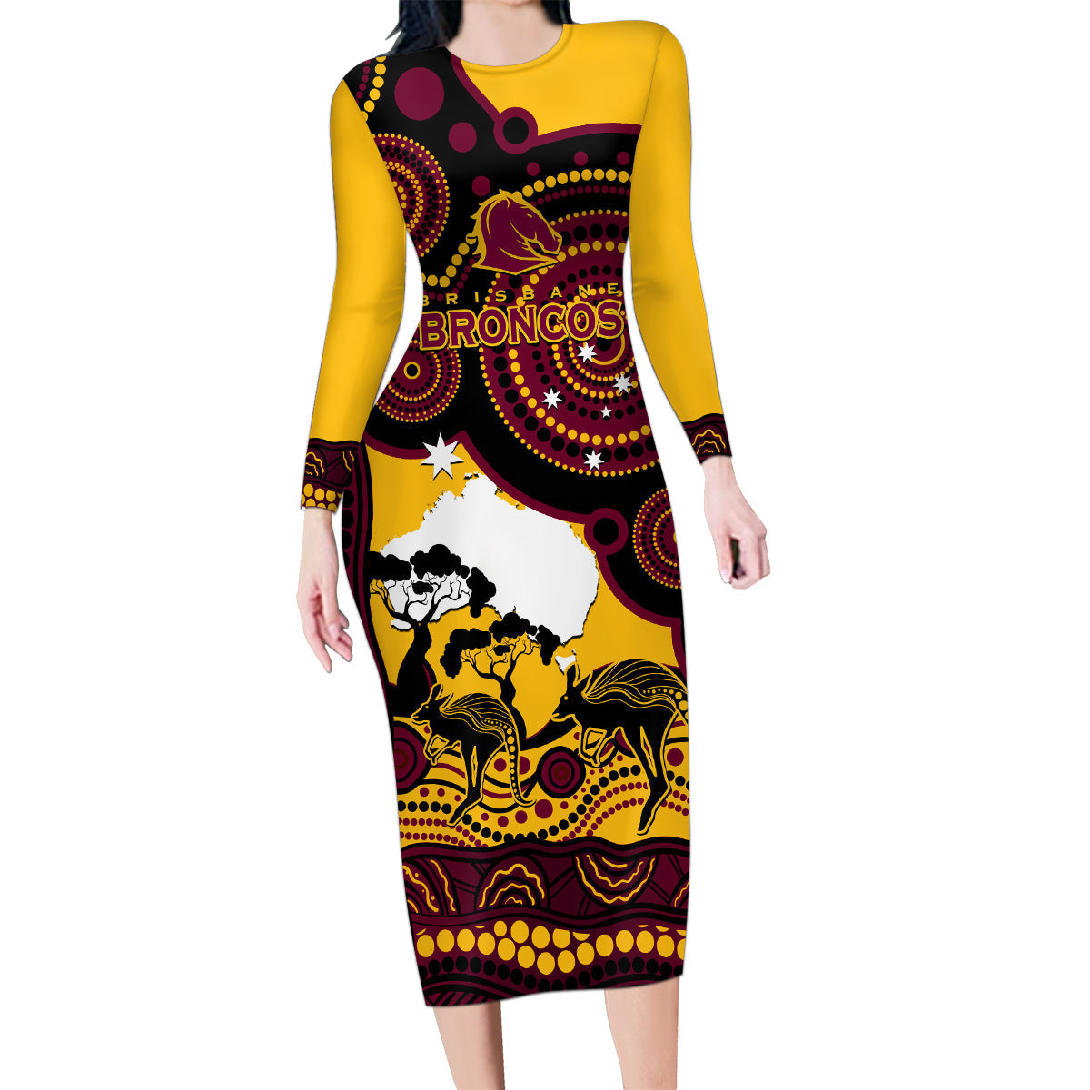 Custom Australia Day Brisbane Broncos Family Matching Long Sleeve Bodycon Dress and Hawaiian Shirt NRL 2024 Australian Map Proud