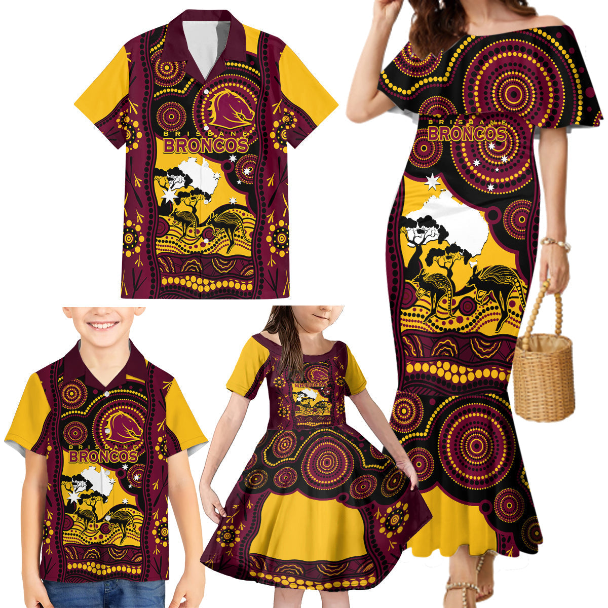 Custom Australia Day Brisbane Broncos Family Matching Mermaid Dress and Hawaiian Shirt NRL 2024 Australian Map Proud