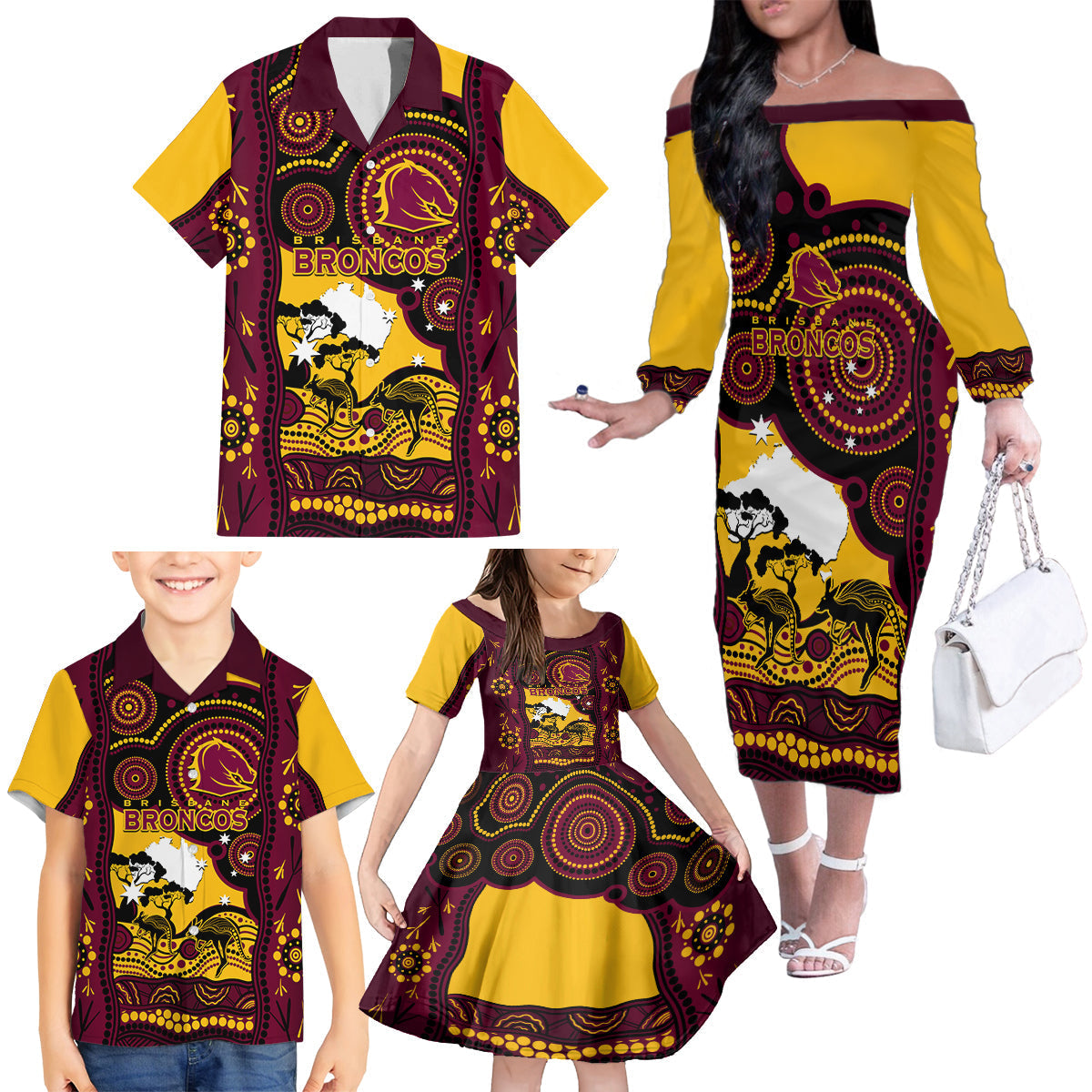 Custom Australia Day Brisbane Broncos Family Matching Off Shoulder Long Sleeve Dress and Hawaiian Shirt NRL 2024 Australian Map Proud