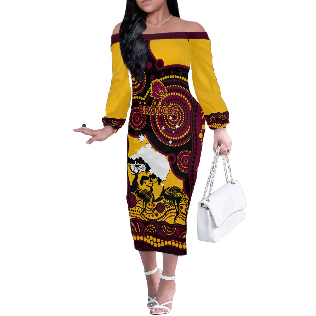 Custom Australia Day Brisbane Broncos Family Matching Off Shoulder Long Sleeve Dress and Hawaiian Shirt NRL 2024 Australian Map Proud