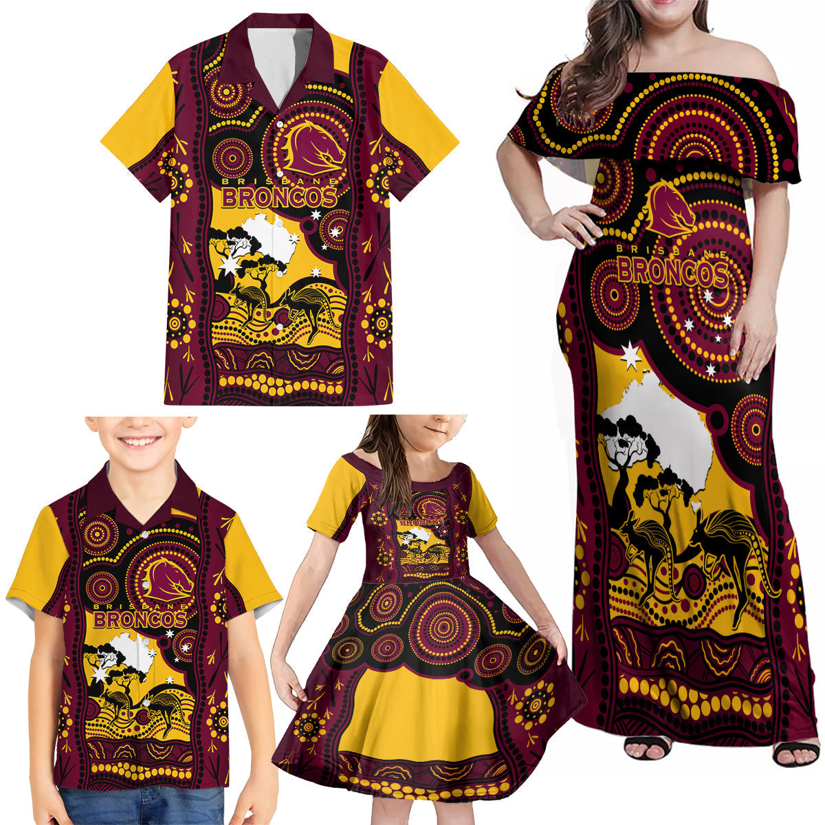 Custom Australia Day Brisbane Broncos Family Matching Off Shoulder Maxi Dress and Hawaiian Shirt NRL 2024 Australian Map Proud