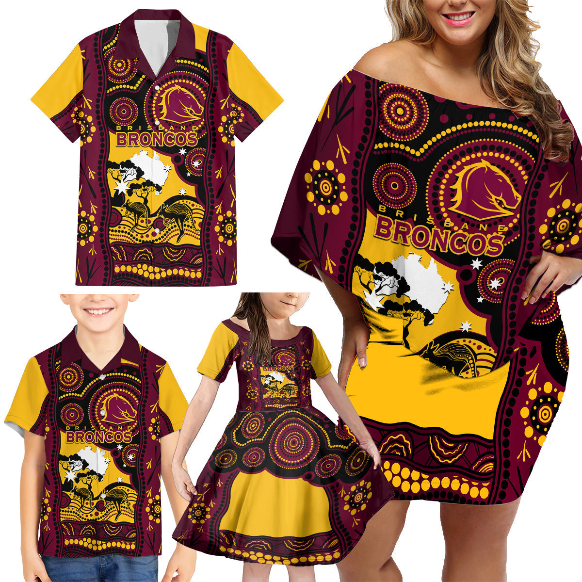 Custom Australia Day Brisbane Broncos Family Matching Off Shoulder Short Dress and Hawaiian Shirt NRL 2024 Australian Map Proud