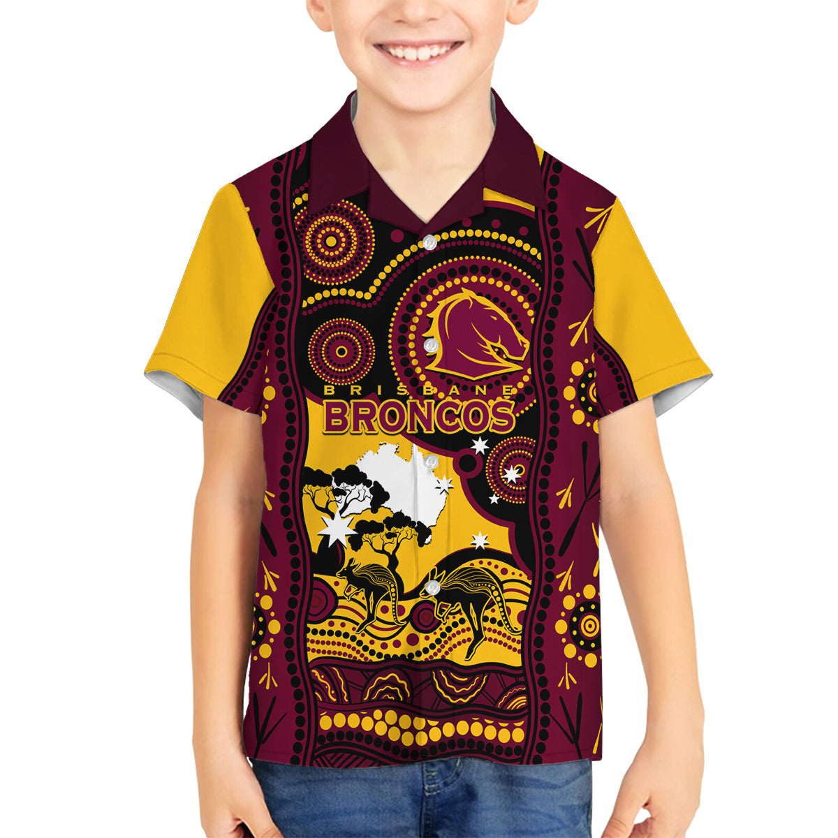 Custom Australia Day Brisbane Broncos Family Matching Off Shoulder Short Dress and Hawaiian Shirt NRL 2024 Australian Map Proud