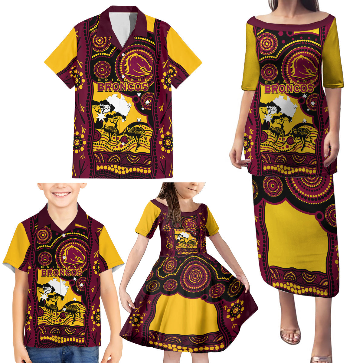 Custom Australia Day Brisbane Broncos Family Matching Puletasi and Hawaiian Shirt NRL 2024 Australian Map Proud