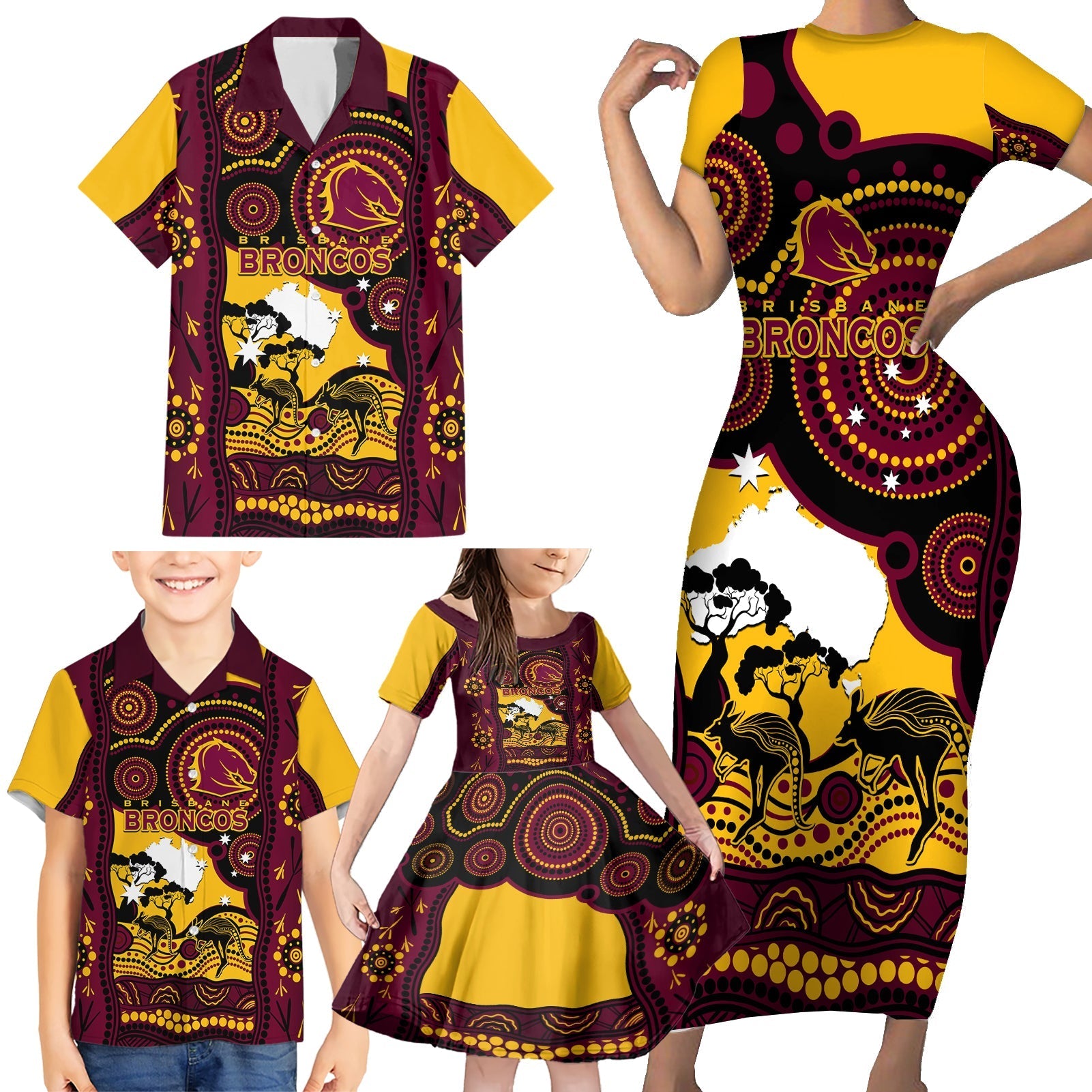 Custom Australia Day Brisbane Broncos Family Matching Short Sleeve Bodycon Dress and Hawaiian Shirt NRL 2024 Australian Map Proud