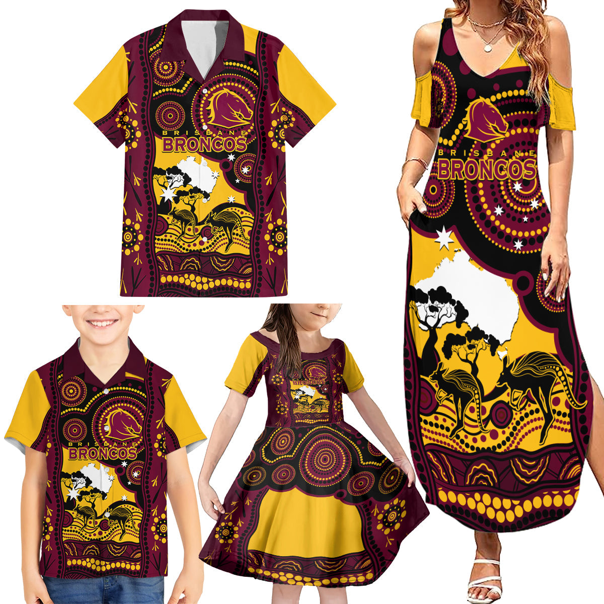 Custom Australia Day Brisbane Broncos Family Matching Summer Maxi Dress and Hawaiian Shirt NRL 2024 Australian Map Proud