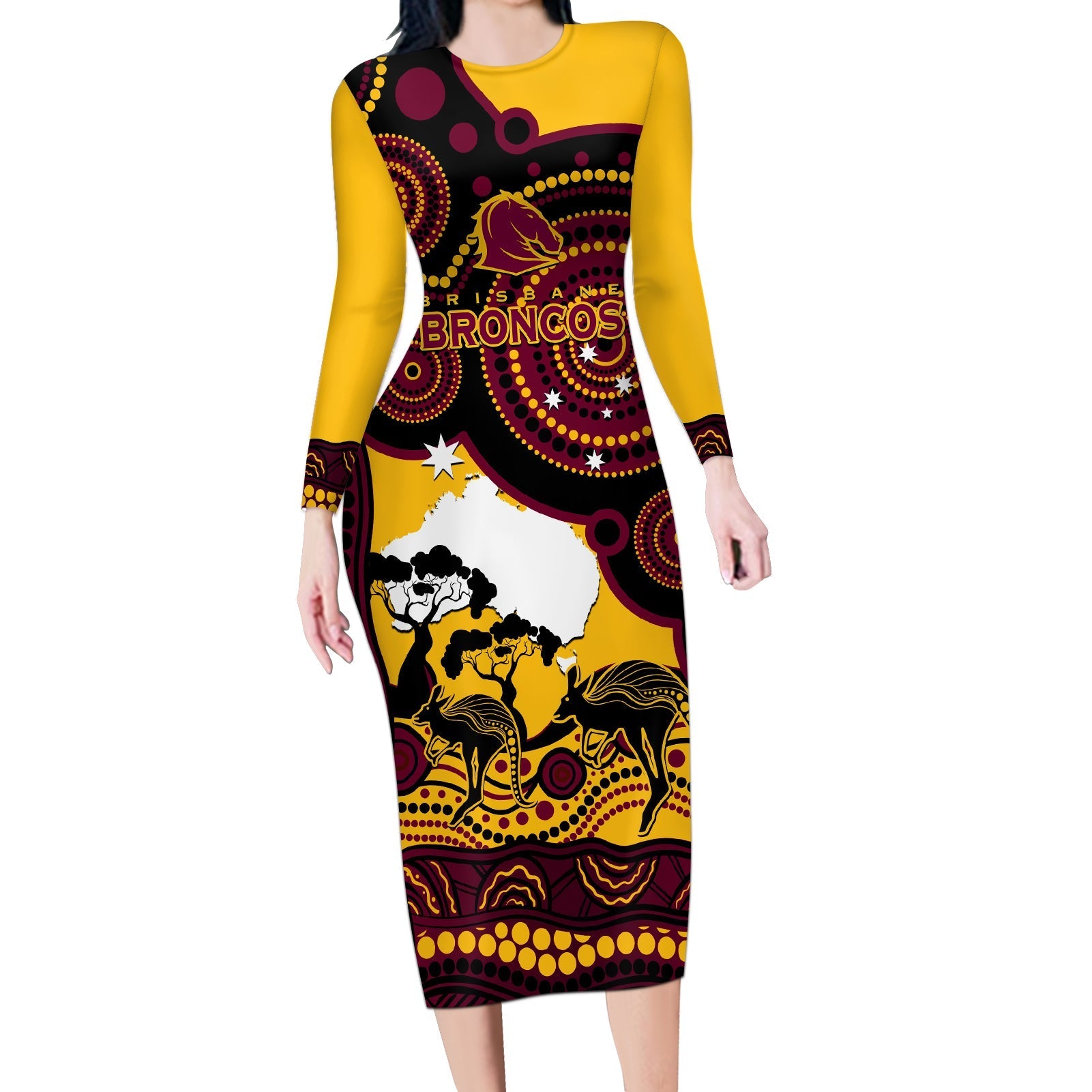 Custom Australia Day Brisbane Broncos Long Sleeve Bodycon Dress NRL 2024 Australian Map Proud