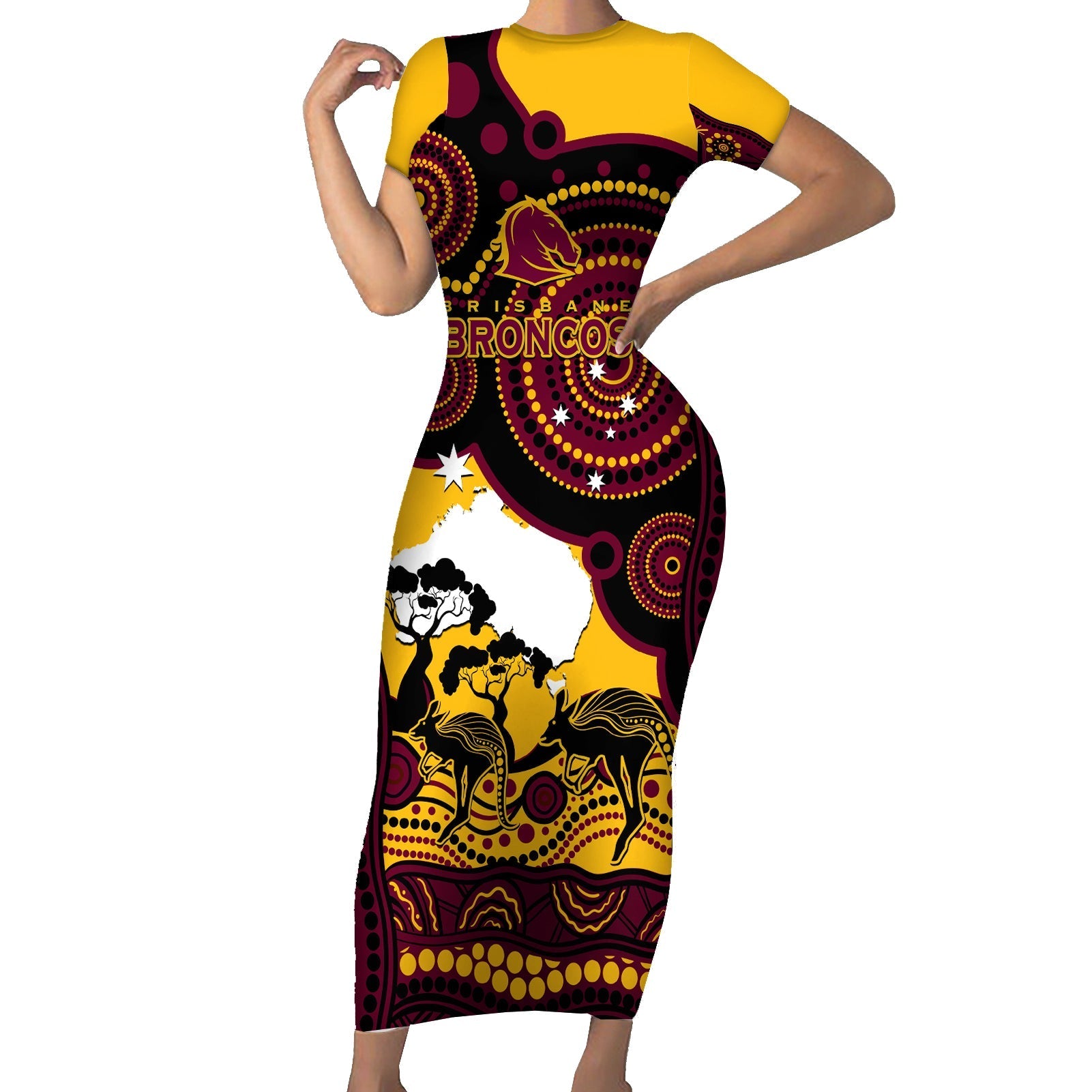 Custom Australia Day Brisbane Broncos Short Sleeve Bodycon Dress NRL 2024 Australian Map Proud