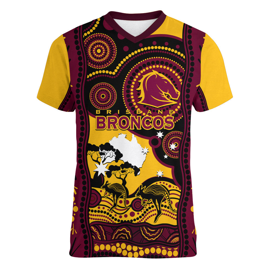 Custom Australia Day Brisbane Broncos Women V Neck T Shirt NRL 2024 Australian Map Proud