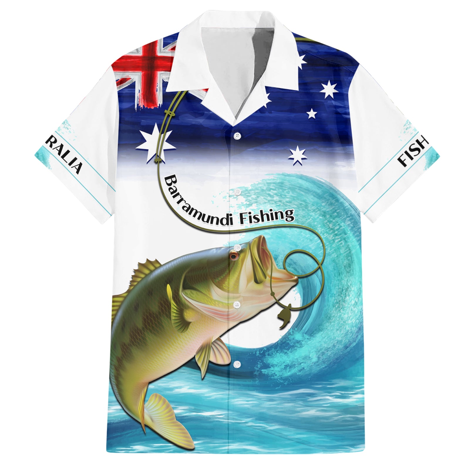 Personalised Australia Fishing Hawaiian Shirt Barramundi With Ocean Waves Flag Grunge Style - Vibe Hoodie Shop