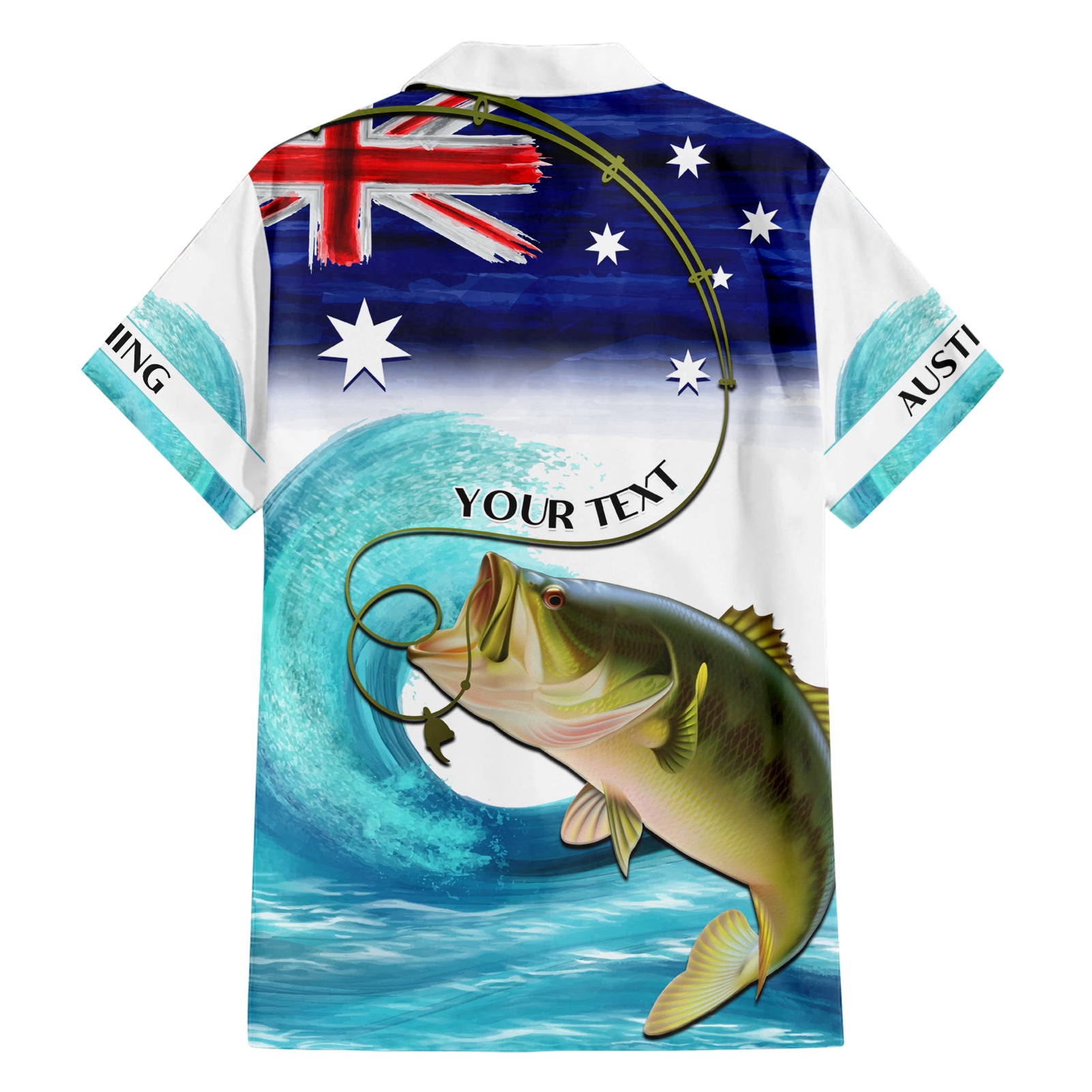 Personalised Australia Fishing Hawaiian Shirt Barramundi With Ocean Waves Flag Grunge Style - Vibe Hoodie Shop