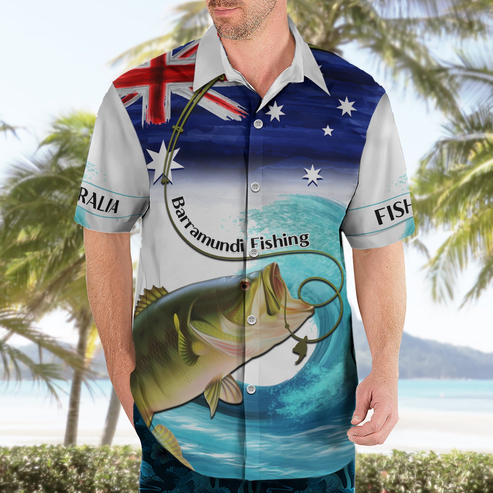 Personalised Australia Fishing Hawaiian Shirt Barramundi With Ocean Waves Flag Grunge Style - Vibe Hoodie Shop