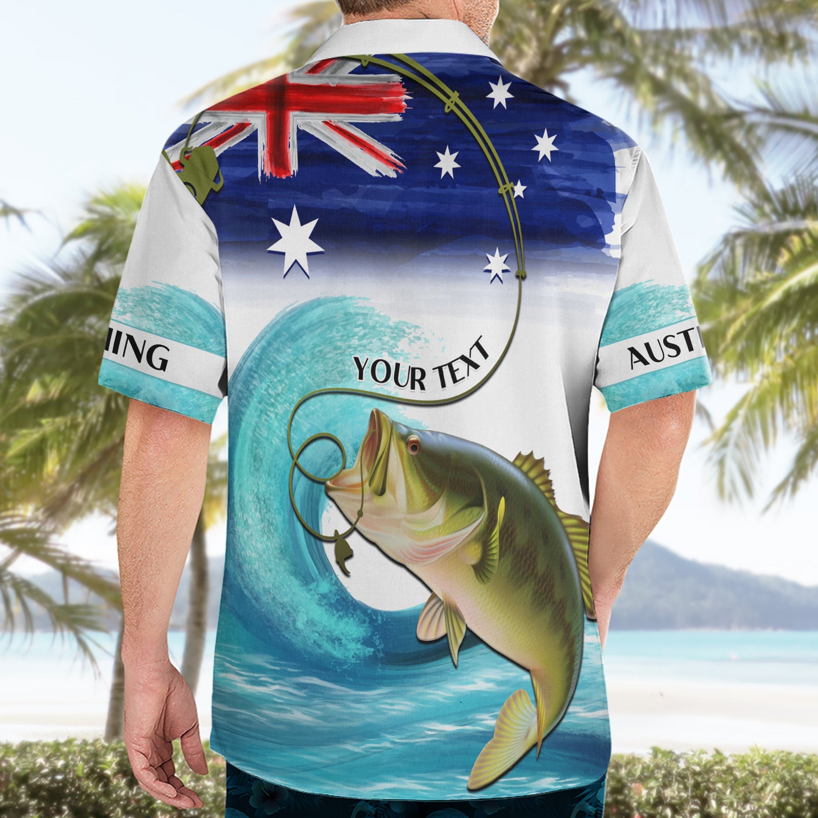 Personalised Australia Fishing Hawaiian Shirt Barramundi With Ocean Waves Flag Grunge Style - Vibe Hoodie Shop