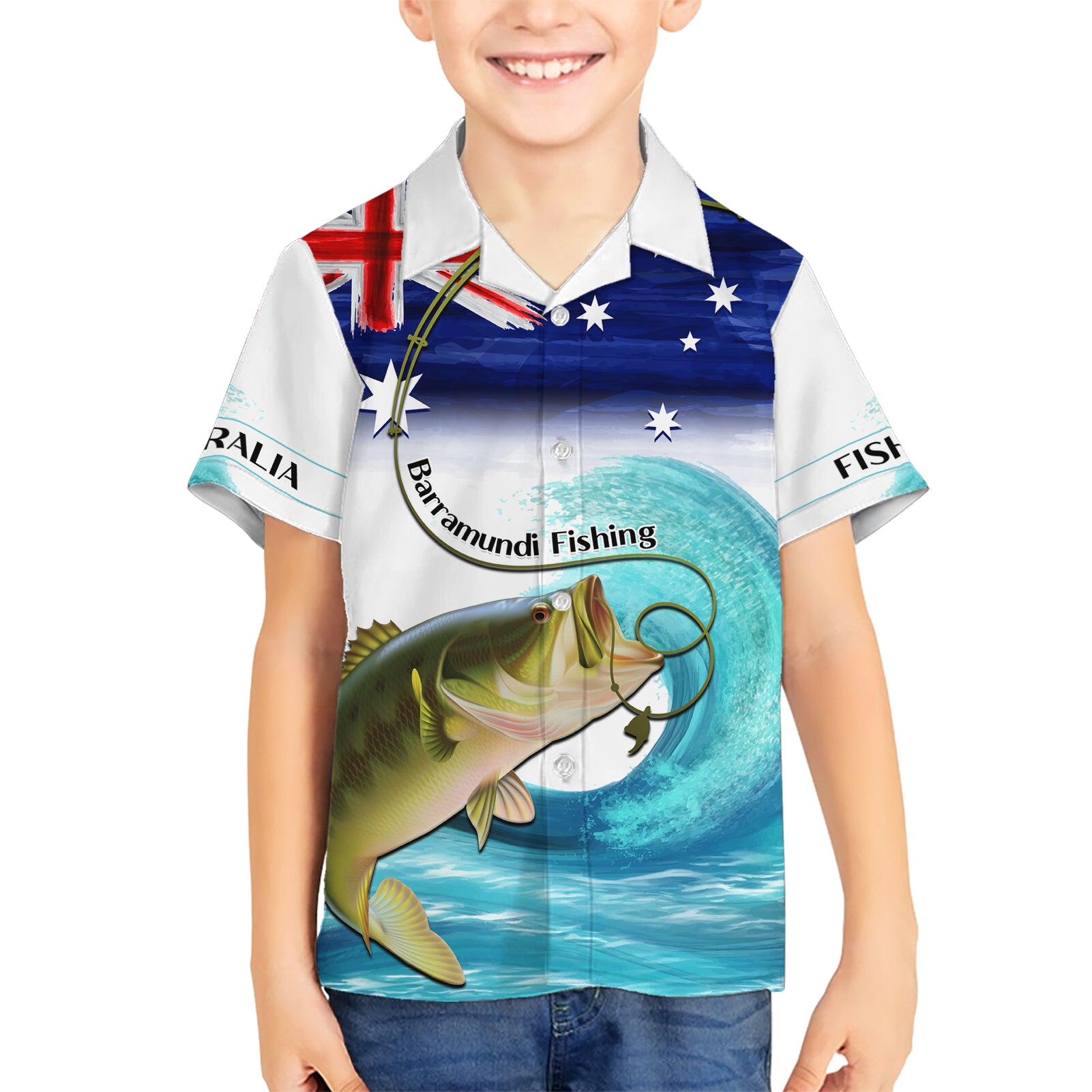 Personalised Australia Fishing Hawaiian Shirt Barramundi With Ocean Waves Flag Grunge Style - Vibe Hoodie Shop